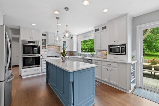 9848 N Lamplighter Ln, Mequon, WI 53092 - kitchen with stainless steel appliances, white cabinetry, light countertops, dark wood-style floors, and recessed lighting