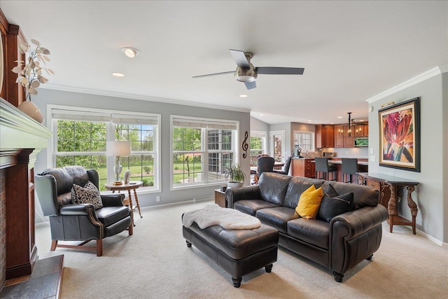 110985 Candlewood Ct, Marshfield, WI 54449 - living room featuring ornamental molding, light carpet, ceiling fan, and recessed lighting
