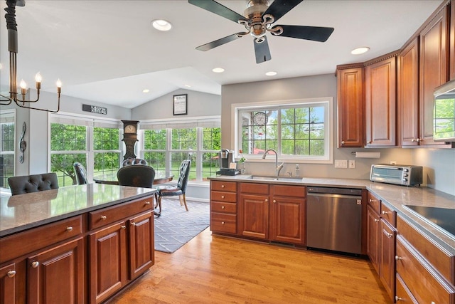 110985 Candlewood Ct, Marshfield, WI 54449 - kitchen with dishwasher, lofted ceiling, light wood-style floors, ceiling fan, and a chandelier
