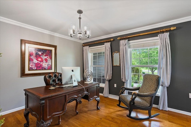 110985 Candlewood Ct, Marshfield, WI 54449 - office area with a chandelier, crown molding, and wood finished floors