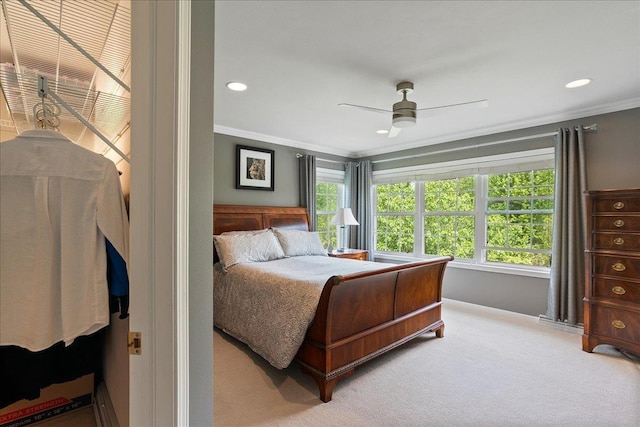 110985 Candlewood Ct, Marshfield, WI 54449 - bedroom featuring ornamental molding, light colored carpet, recessed lighting, and ceiling fan