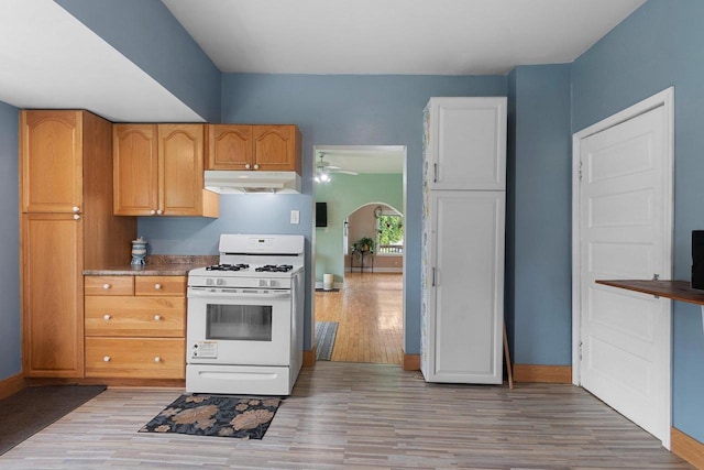 731 S Michigan St, De Pere, WI 54115 - kitchen with white gas range, under cabinet range hood, light wood-type flooring, a ceiling fan, and arched walkways