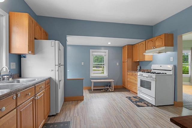 731 S Michigan St, De Pere, WI 54115 - kitchen with white appliances, under cabinet range hood, light wood finished floors, and healthy amount of natural light
