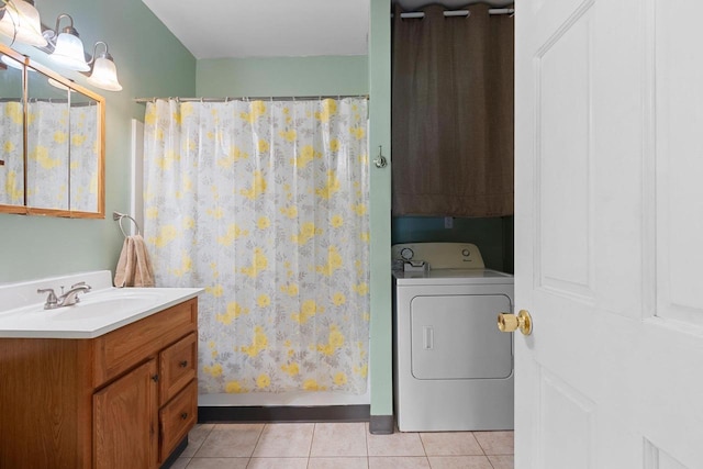 731 S Michigan St, De Pere, WI 54115 - bathroom featuring washer / dryer, vanity, tile patterned floors, and a shower with curtain
