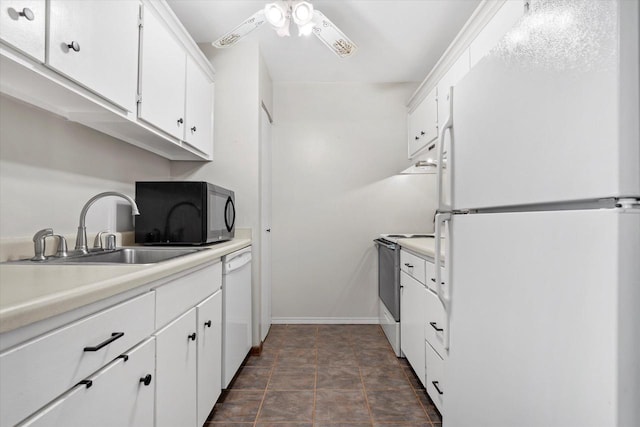 2300 W Good Hope Rd Unit 242, Glendale, WI 53209 - kitchen with white appliances, white cabinetry, light countertops, and ceiling fan