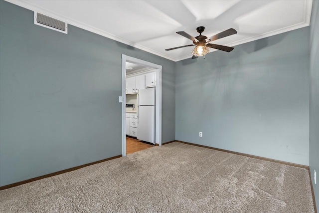 2300 W Good Hope Rd Unit 242, Glendale, WI 53209 - unfurnished bedroom with freestanding refrigerator, carpet flooring, crown molding, and ceiling fan