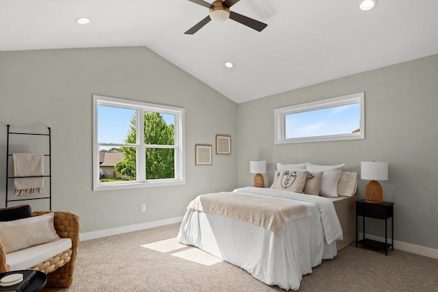 1108 Heritage Ct, Waunakee, WI 53597 - bedroom with multiple windows, lofted ceiling, carpet floors, recessed lighting, and a ceiling fan