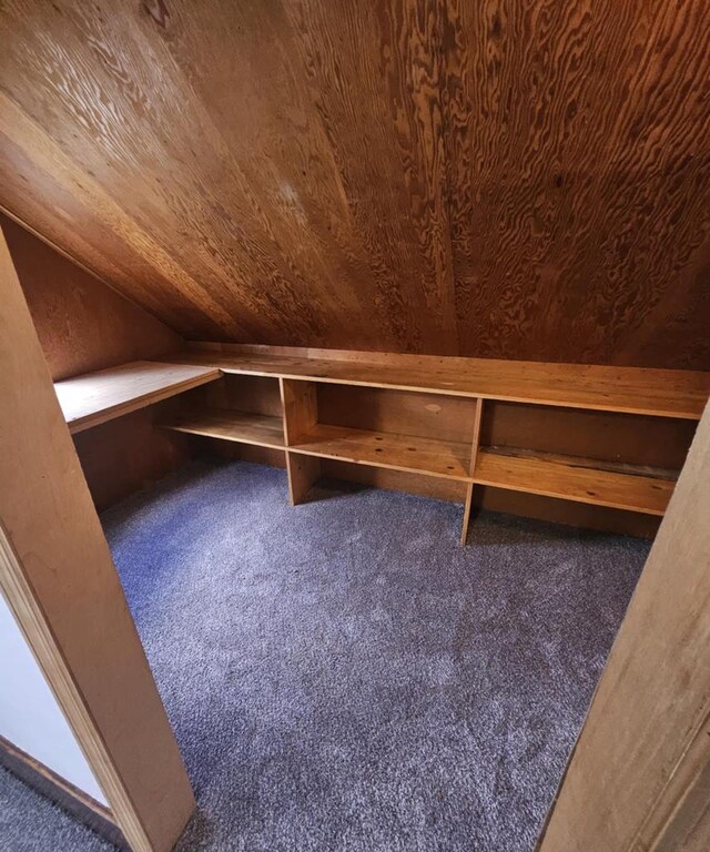 relaxing sauna with carpet and wood ceiling