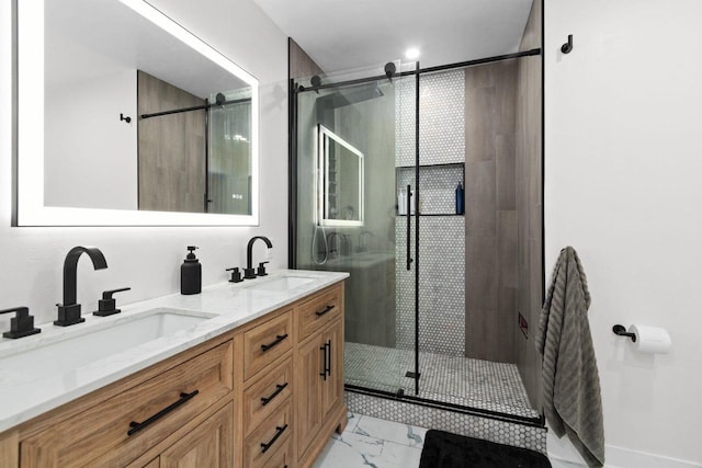 1012 Grove St, Oshkosh, WI 54901 - bathroom with marble look tiles, a shower stall, and double vanity