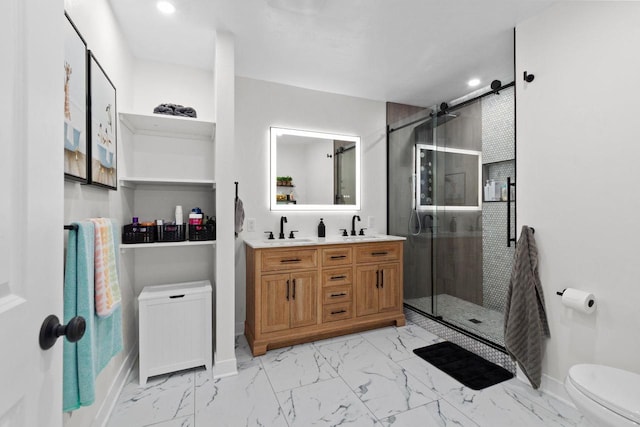 1012 Grove St, Oshkosh, WI 54901 - bathroom featuring marble finish floors, double vanity, a stall shower, and recessed lighting
