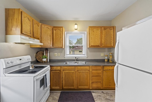 308 Van St, Neenah, WI 54956 - kitchen featuring white appliances, under cabinet range hood, dark countertops, and brown cabinets