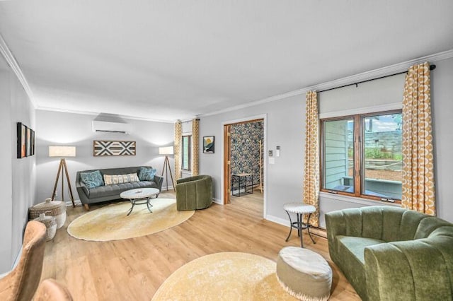456 W Wisconsin Ave, Pewaukee, WI 53072 - living area featuring ornamental molding, wood finished floors, and a wall mounted AC