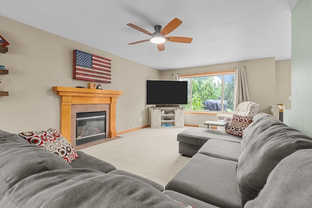 362 Dakota Lee Way, Omro, WI 54963 - living area featuring ceiling fan, a tiled fireplace, and carpet