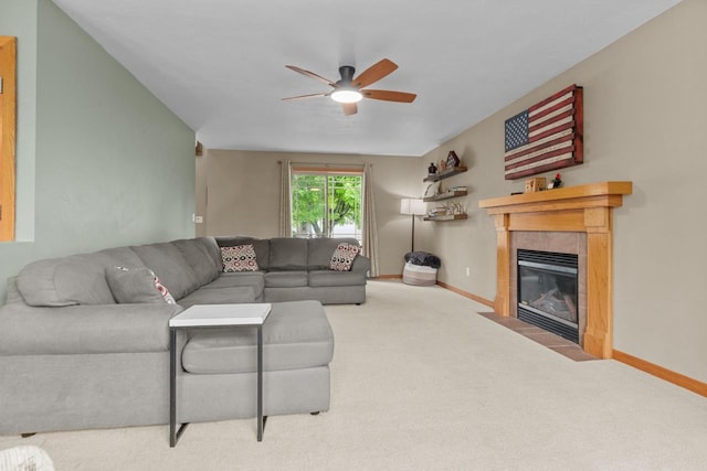 362 Dakota Lee Way, Omro, WI 54963 - living area featuring a ceiling fan, carpet flooring, and a tiled fireplace