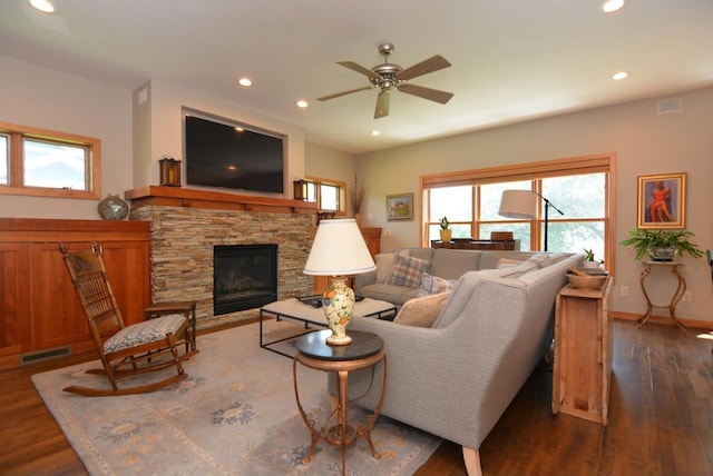 6833 Phil Lewis Way, Middleton, WI 53562 - living room featuring wood finished floors, recessed lighting, a ceiling fan, and a fireplace