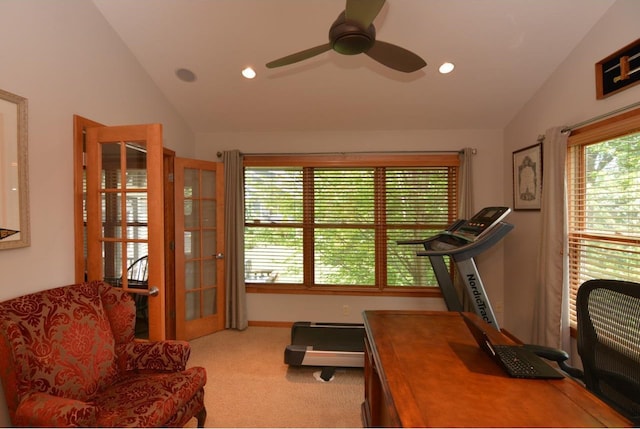 6833 Phil Lewis Way, Middleton, WI 53562 - workout room with vaulted ceiling, ceiling fan, carpet flooring, and recessed lighting