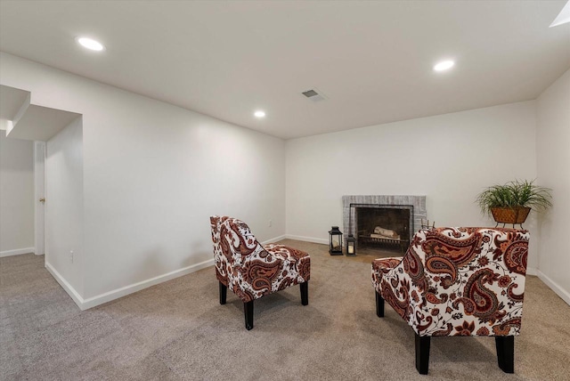 5825 N Bay Ridge Ave, Whitefish Bay, WI 53217 - living area featuring carpet floors, recessed lighting, and a brick fireplace