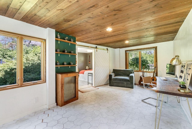 6465 N Santa Monica Blvd, Fox Point, WI 53217 - office area with a barn door, wooden ceiling, tile patterned floors, and recessed lighting