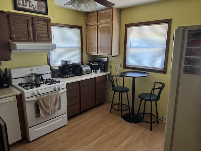 408 N Hine Ave, Waukesha, WI 53188 - kitchen with white appliances, exhaust hood, a ceiling fan, light wood-type flooring, and light countertops