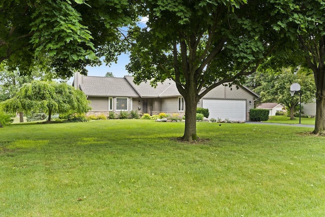 S52W23066 Hunters Holw, Waukesha, WI 53189 - view of front facade featuring a garage, a front yard, a chimney, and stone siding