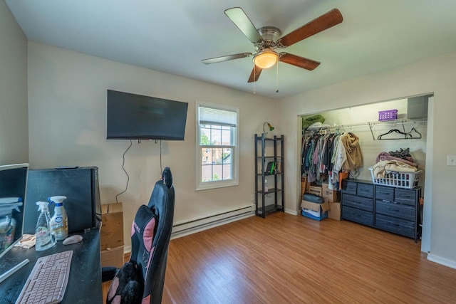 7550 26th Ave, Kenosha, WI 53143 - office area featuring a baseboard radiator, wood finished floors, and a ceiling fan