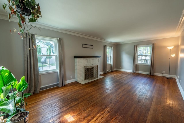 7550 26th Ave, Kenosha, WI 53143 - unfurnished living room with wood finished floors, a fireplace, and crown molding