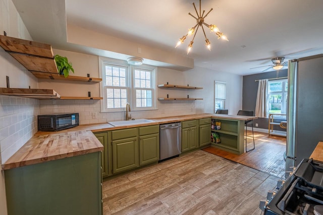 7550 26th Ave, Kenosha, WI 53143 - kitchen featuring green cabinets, open shelves, appliances with stainless steel finishes, wooden counters, and a peninsula