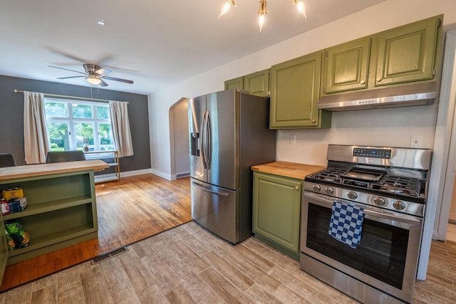 7550 26th Ave, Kenosha, WI 53143 - kitchen with green cabinets, appliances with stainless steel finishes, under cabinet range hood, ceiling fan, and wood counters