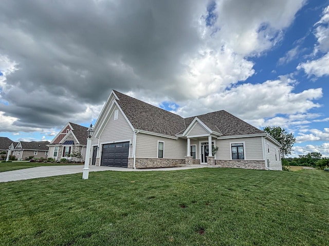 1601 Sauk Trl, Waukesha, WI 53189 - craftsman house with stone siding, concrete driveway, and a front yard