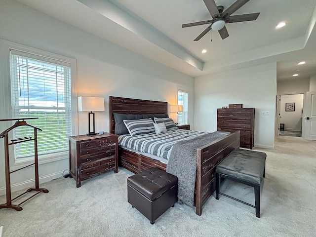 1601 Sauk Trl, Waukesha, WI 53189 - bedroom featuring light colored carpet, recessed lighting, a raised ceiling, and ceiling fan