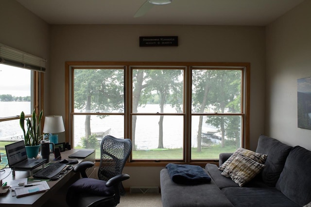 N65W35097 Rd J, Oconomowoc, WI 53066 - office featuring a water view, carpet flooring, and ceiling fan