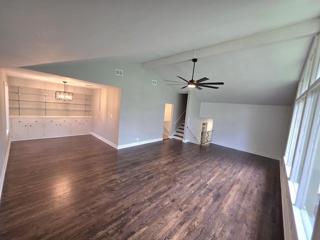 4643 N 108th St, Wauwatosa, WI 53225 - unfurnished living room with dark wood-style floors, a ceiling fan, stairs, and a chandelier