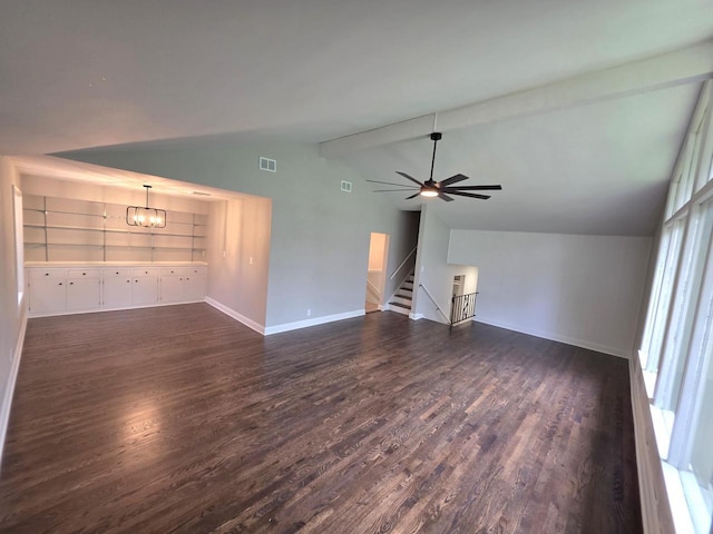 4643 N 108th St, Wauwatosa, WI 53225 - unfurnished living room with dark wood-style flooring, stairway, ceiling fan, and a chandelier