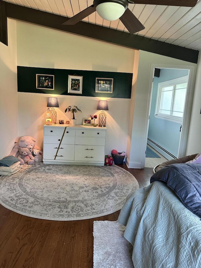 8221 Fairmont Ln, Greendale, WI 53129 - bedroom with a baseboard radiator, a wooden ceiling with exposed beams, wood finished floors, and a ceiling fan