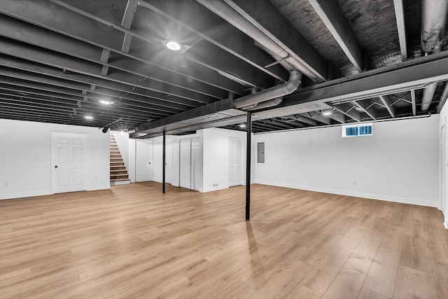 7314 25th Ave, Kenosha, WI 53143 - below grade area featuring electric panel, stairs, and wood finished floors
