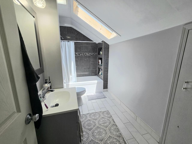 1635 Grand Ave, Racine, WI 53403 - full bathroom with a skylight, vanity, lofted ceiling, shower / bathtub combination with curtain, and tile patterned flooring