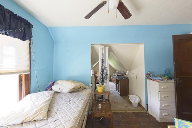 134 N Watertown St, Waupun, WI 53963 - bedroom featuring hardwood / wood-style floors, vaulted ceiling, and ceiling fan