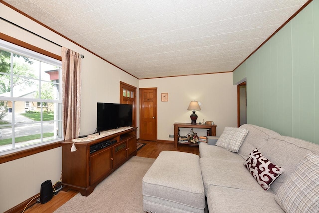 2044 S 96th St, West Allis, WI 53227 - living room featuring ornamental molding, light wood-style flooring, and plenty of natural light