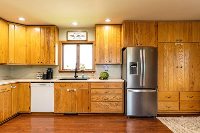 E2880 Witcraft Ridge Rd, Genoa, WI 54632 - kitchen featuring stainless steel fridge with ice dispenser, dishwasher, light countertops, dark wood finished floors, and recessed lighting