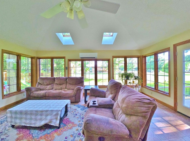 6410 Lenox Ave, Wisconsin Rapids, WI 54494 - living area with a wall mounted AC, a skylight, ceiling fan, and vaulted ceiling