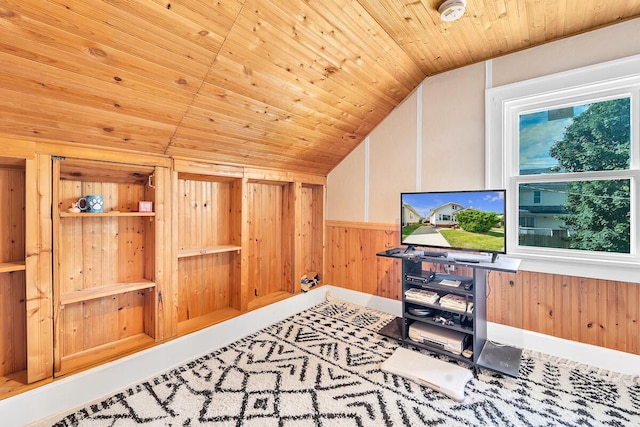 2813 21st St, Racine, WI 53403 - unfurnished room featuring lofted ceiling, wood walls, and wooden ceiling