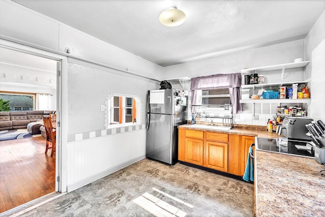 2813 21st St, Racine, WI 53403 - kitchen with freestanding refrigerator, open shelves, and light countertops