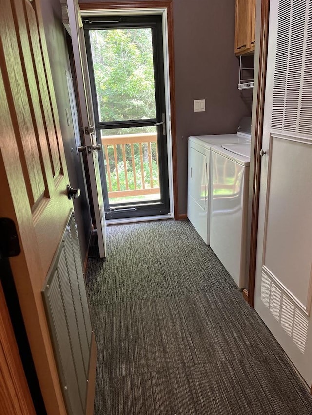 N13403 US Highway 141, Wausaukee, WI 54177 - laundry room featuring cabinet space, carpet floors, independent washer and dryer, and a heating unit