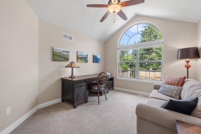 1040 Ann Marie Way, Oconomowoc, WI 53066 - home office with plenty of natural light, a ceiling fan, vaulted ceiling, and light colored carpet