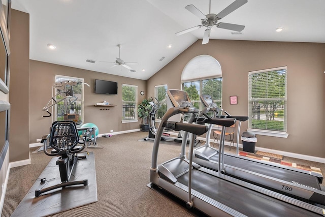 1040 Ann Marie Way, Oconomowoc, WI 53066 - gym featuring ceiling fan, carpet floors, recessed lighting, and high vaulted ceiling