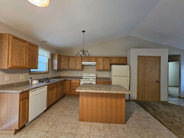 105 W Clark St, Plainfield, WI 54966 - kitchen with white appliances, under cabinet range hood, lofted ceiling, a kitchen island, and a chandelier
