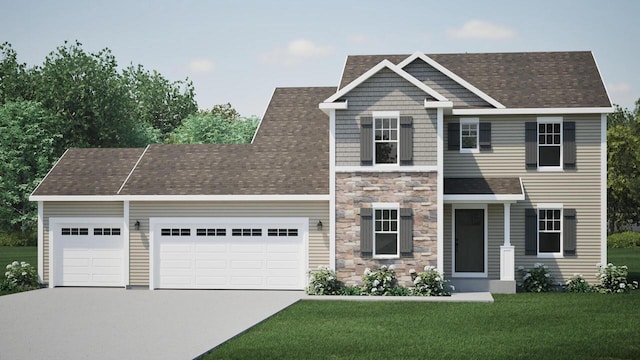 W190N15704 Maple Fields Cir, Jackson, WI 53037 - view of front facade featuring a garage, concrete driveway, a front yard, stone siding, and roof with shingles