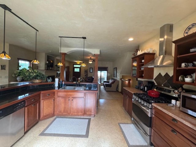 4920 N Meade St, Appleton, WI 54913 - kitchen featuring appliances with stainless steel finishes, ventilation hood, open floor plan, dark countertops, and plenty of natural light