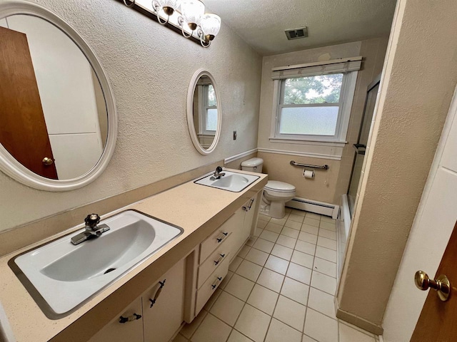 3079 Cornelius Ct, Green Bay, WI 54311 - bathroom featuring double vanity, a textured wall, tile patterned flooring, a textured ceiling, and a baseboard radiator