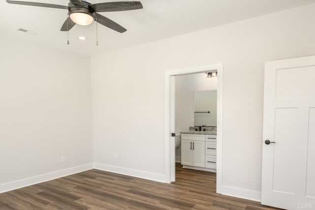119 Lockridge Ln, Lynchburg, VA 24502 - unfurnished bedroom with baseboards, dark wood-style floors, connected bathroom, ceiling fan, and recessed lighting
